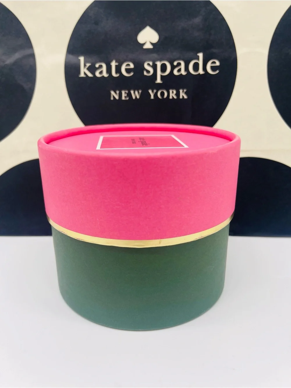 kate spade Pink and Green Round Gift Box with Gold Trim New
